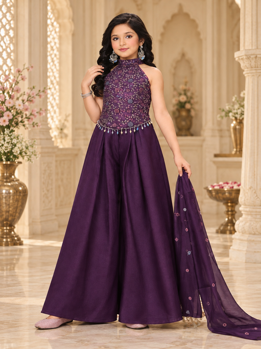 Girls Royal Plum Embroidered Indo-Western Set – three-quarter front view