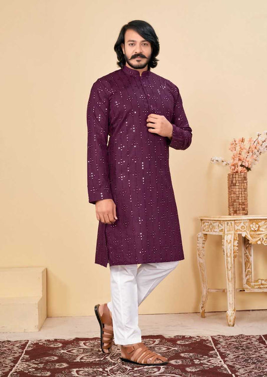 Men’s Traditional Chikankari Kurta Set Cotton Embroidery & Mirror Work Kurta Pajama