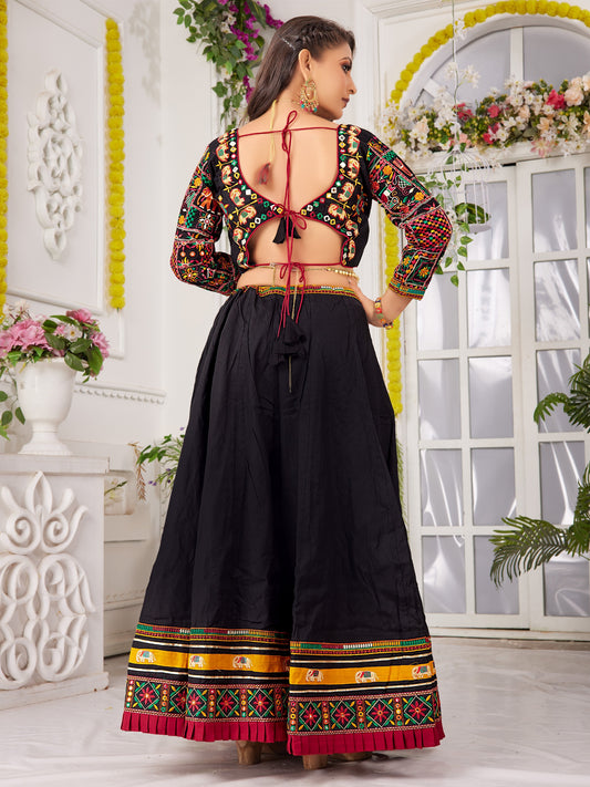 Black Printed flared Lehenga with patch work crop top choli