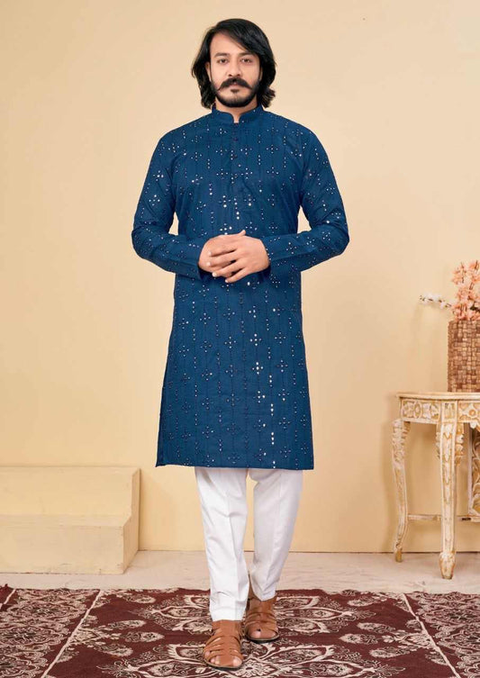 Men’s Traditional Chikankari Kurta Set Cotton Embroidery & Mirror Work Kurta Pajama