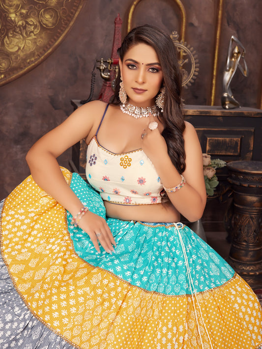 Multicolor Cotton Silk printed Pleated Lehenga with sleeveless crop top Choli