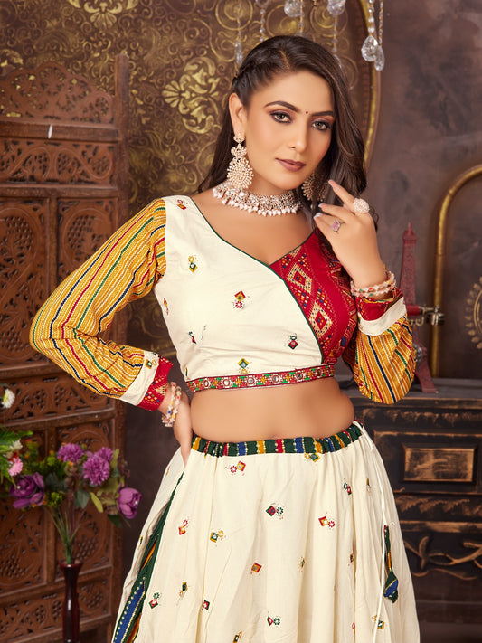 White Red cotton silk patch worked flared Lehenga Choli