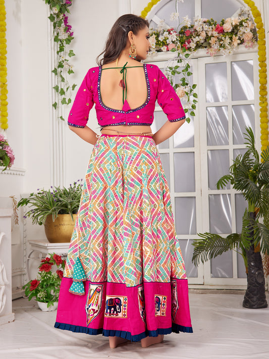 Pink printed flared lehanga with designer Choli