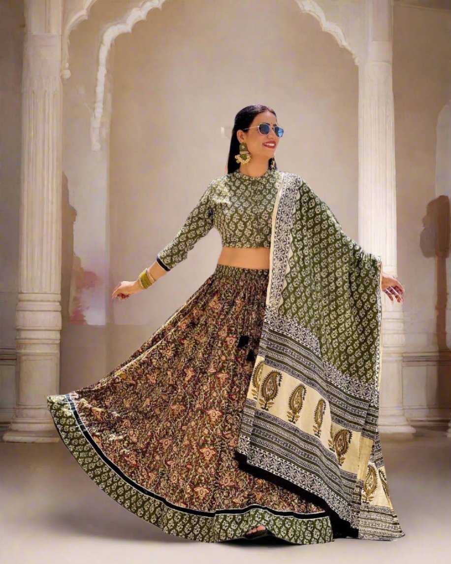Pista Green Cotton Silk Digital Printed Lehenga with full sleeve crop top choli