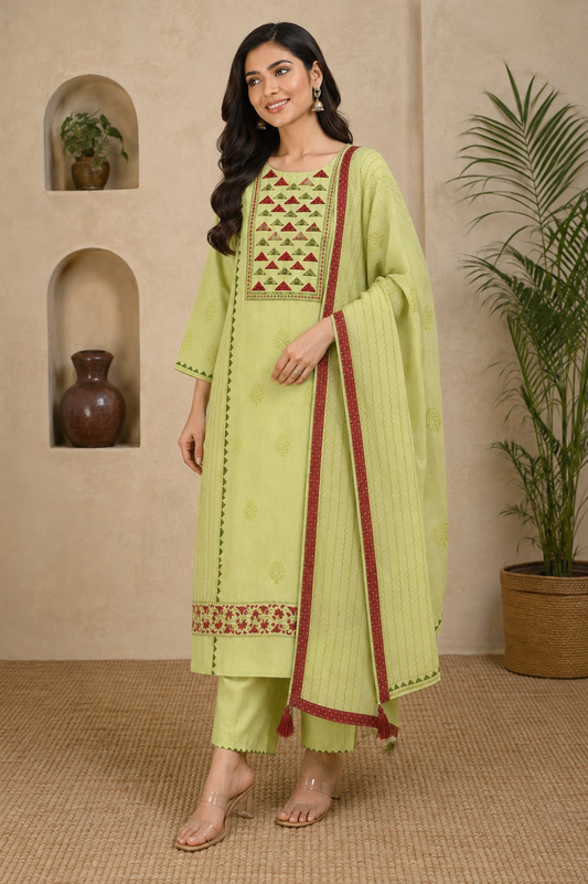 Lime green cotton-silk three-piece suit set for women – three-quarter view