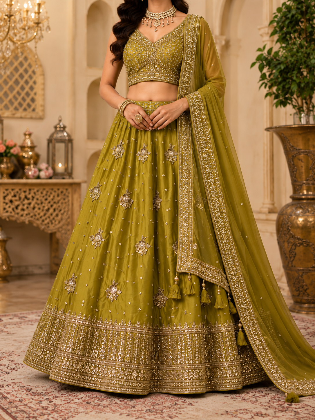 Lime green vintage zari lehenga choli – embroidery and border detail