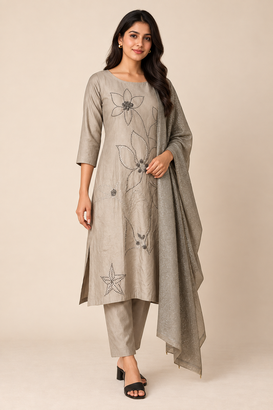 Metallic grey embroidered cotton-silk kurta set with shimmer dupatta – front three-quarter view