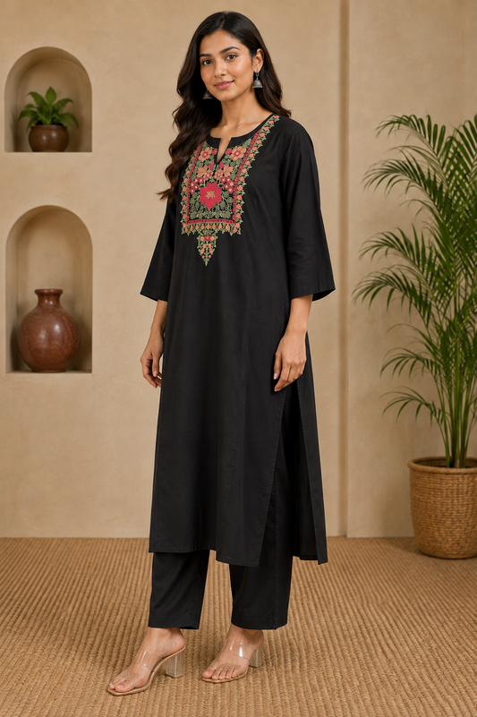 Midnight black embroidered two-piece kurta set for women – three-quarter view