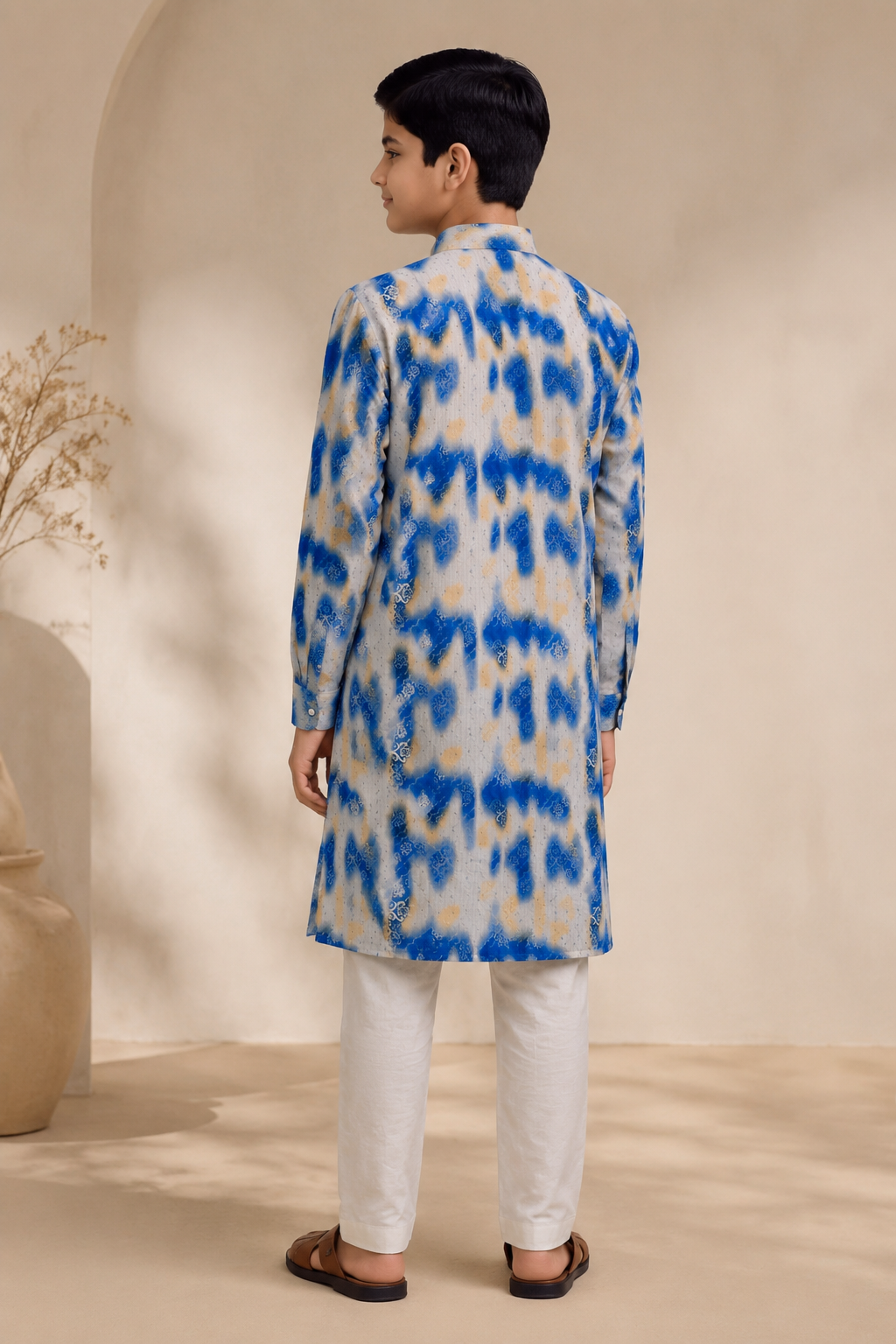 Boys blue printed kurta set rear view