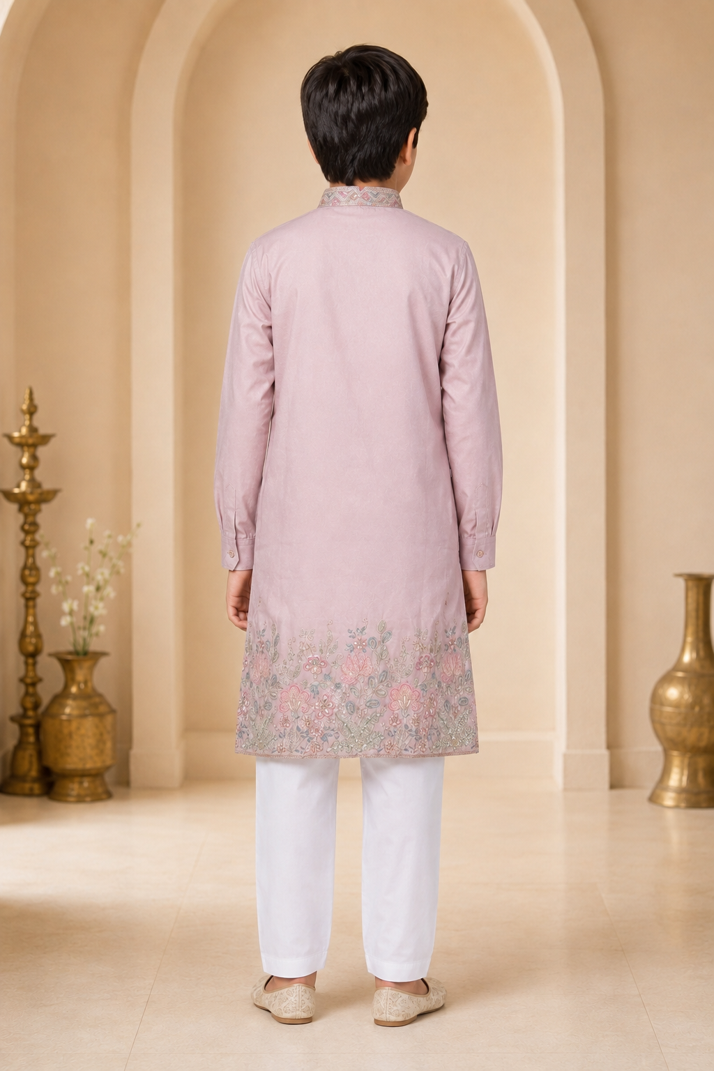 Boys blush pink embroidered festive kurta back view