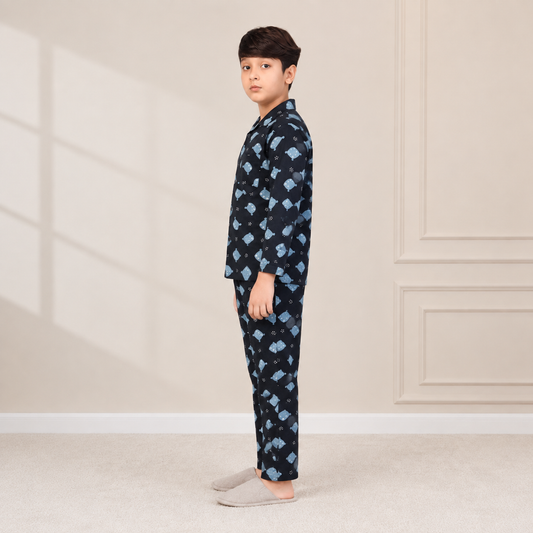 Boys cotton night suit in Navy Blue Whale Print, side view