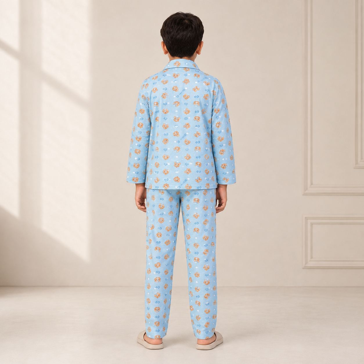 Boys cotton night suit in Sky Blue Bear Print, back view