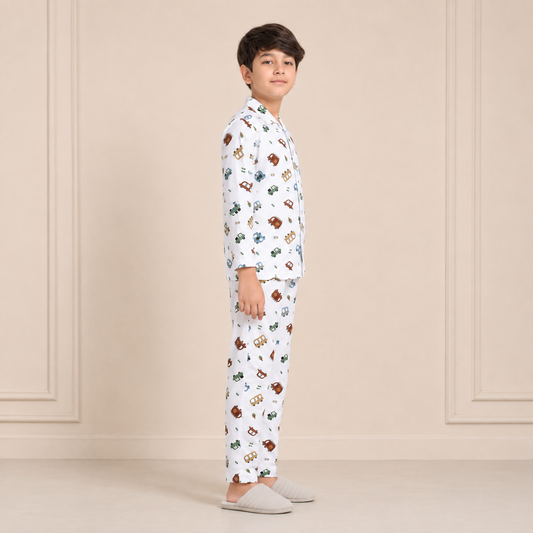 Boys cotton night suit in White Multicolour Transport Print, side view