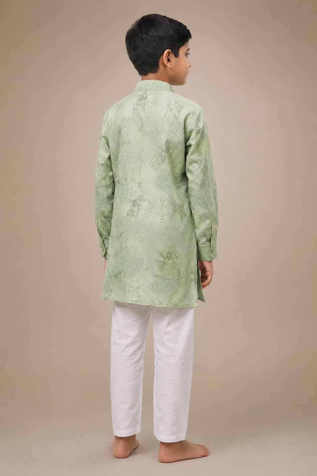 Boys pastel green woven kurta set rear view