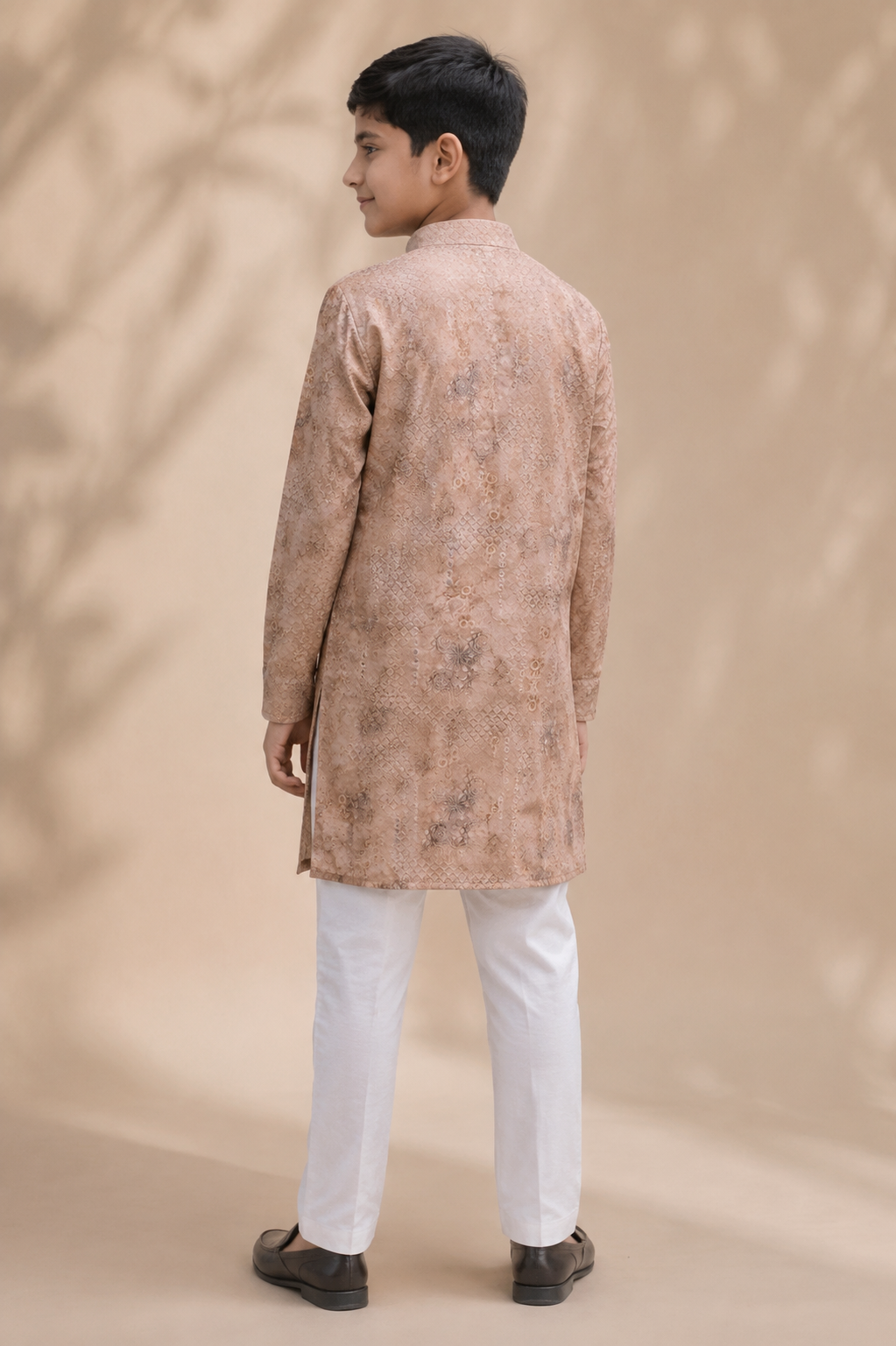 Boys pastel peach woven kurta set rear view