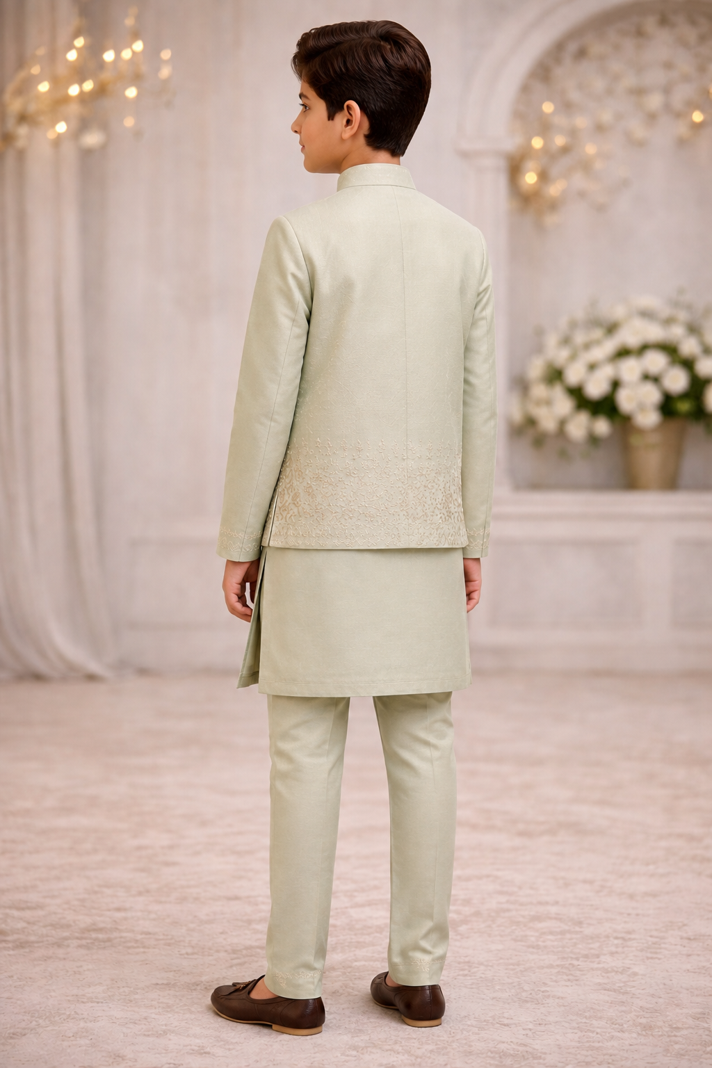 Boys pista green waistcoat kurta set rear view