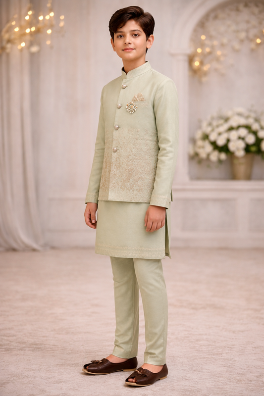 Boys pista green waistcoat kurta set three-quarter view