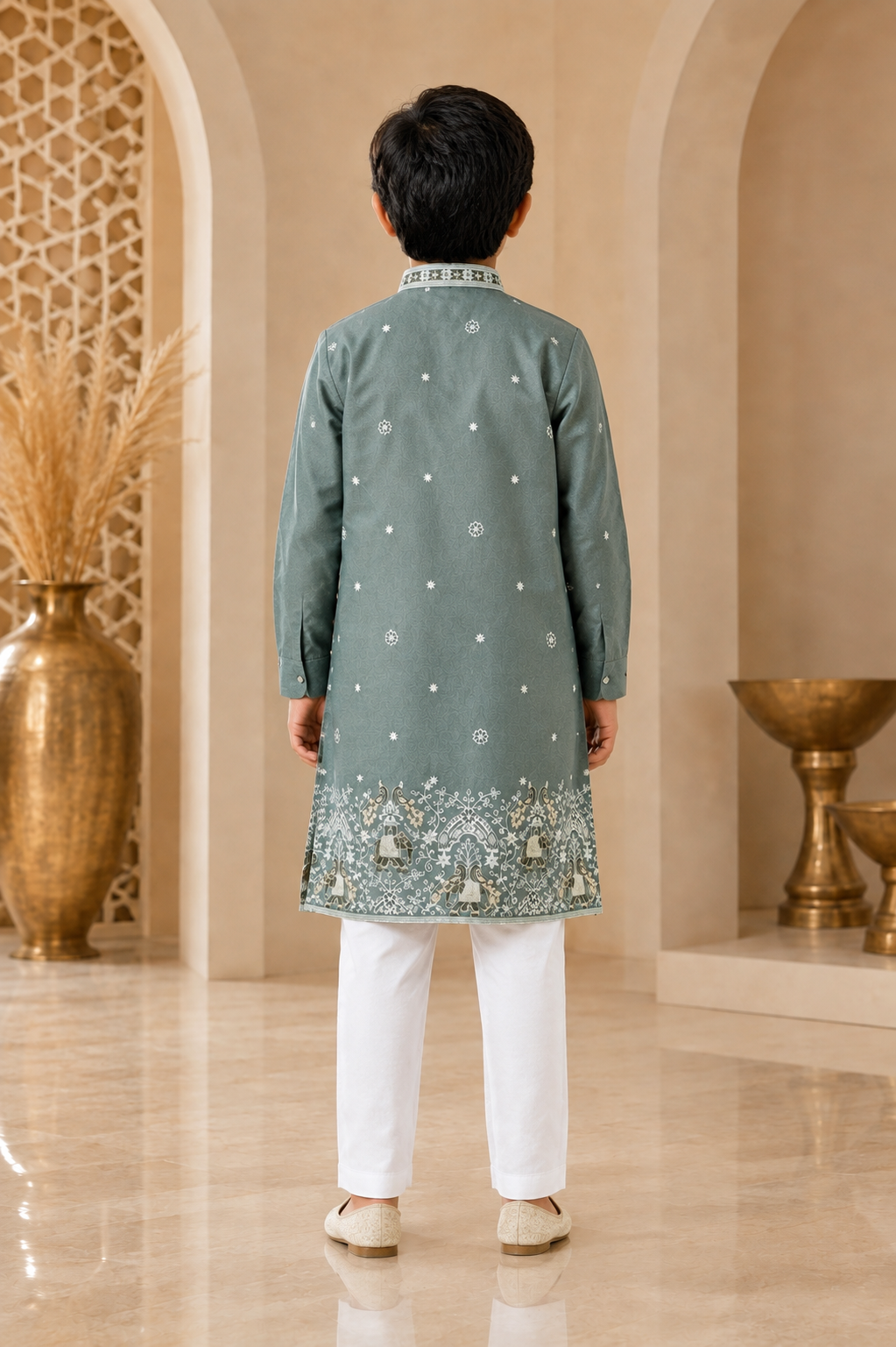 Boys sage green embroidered kurta set back view