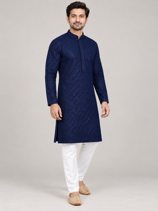 Navy Blue men's chikan kurta — three-quarter model view — AI-assisted styling visual
