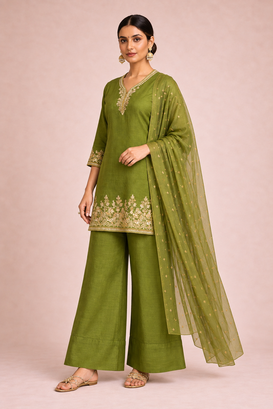 Olive green embroidered kurta set with wide-leg pants and borderless dupatta – three-quarter view