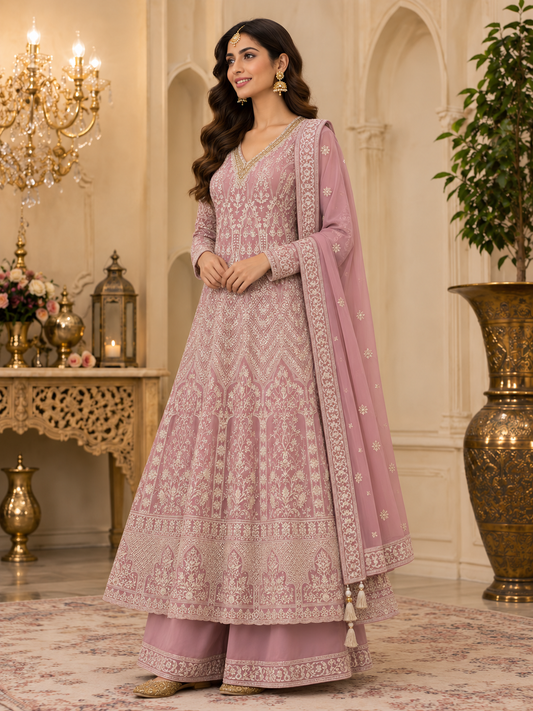 Pastel pink embroidered Anarkali suit set, three-quarter view