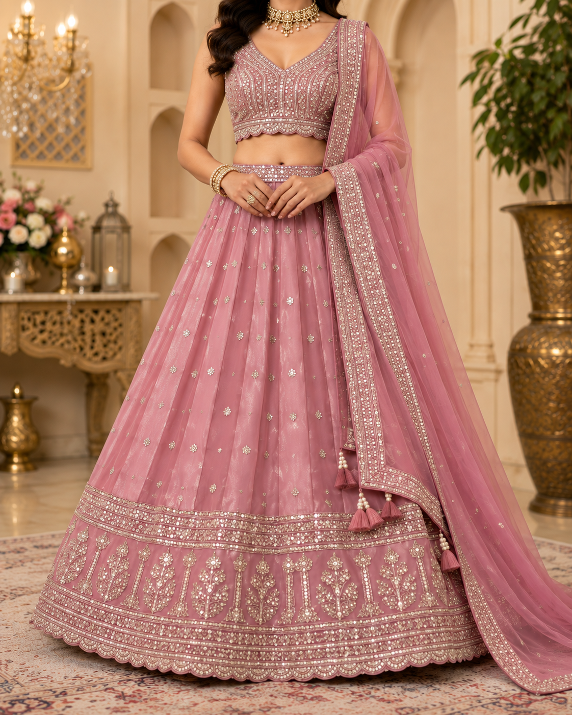 Pastel pink zari lehenga choli – embroidery and border detail