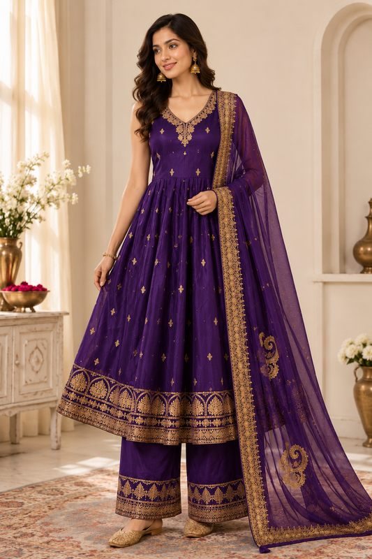 Royal plum sleeveless Anarkali suit with Banarasi borders and dupatta – three-quarter view