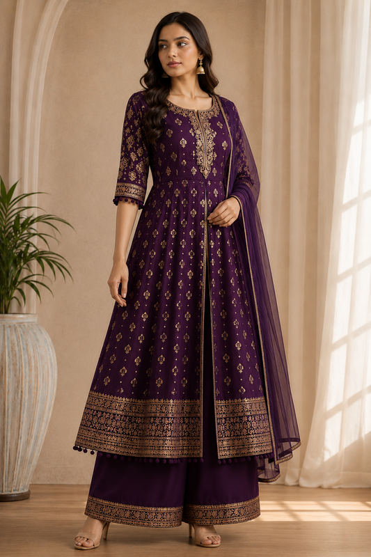 Royal purple embroidered Anarkali suit set for women – three-quarter view