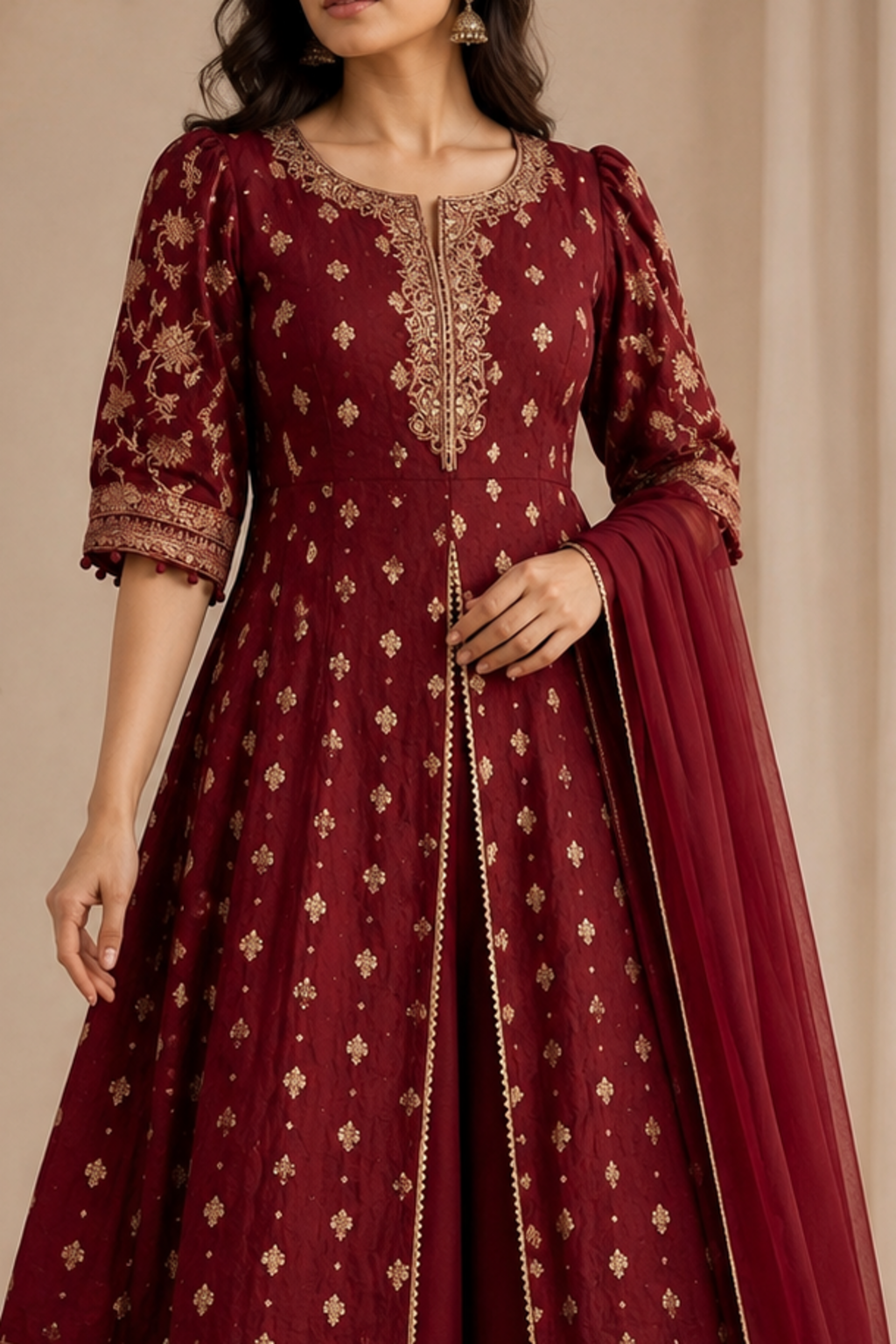 Royal red Anarkali with gold neckline, sleeve and dupatta border detail