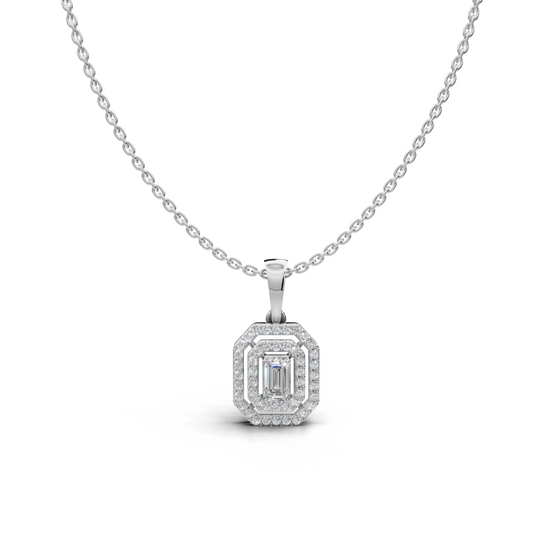 Emerald-Cut LGD Double-Frame Halo Pendant Necklace with Geometric Square Pattern – LWPD-0178A