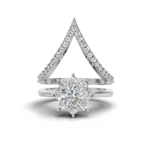 Floral Halo LGD Bridal Ring Set with Chevron Diamond Wedding Band – SOLR-0544