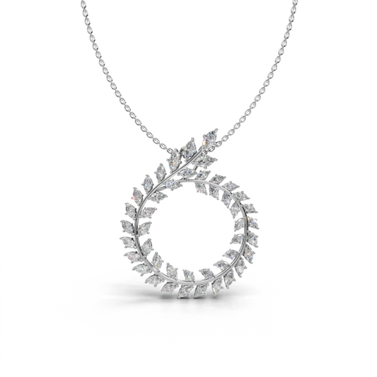 Leaf-Wreath Marquise LGD Circular Pendant Necklace with Botanical Diamond Pattern – HWPD-0075