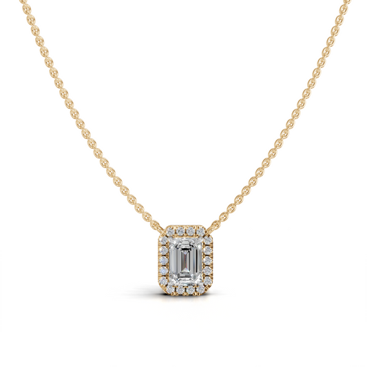 Emerald-Cut LGD Halo Pendant Necklace with Classic Diamond Surround – LWPD-0294