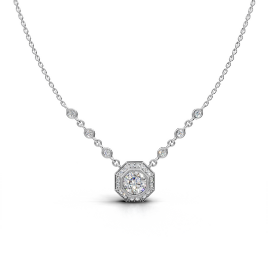 Octagonal Round LGD Pendant Necklace with Spaced Diamond Station Chain – LWPD-0234A