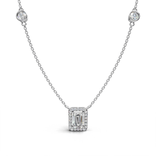 Emerald-Cut LGD Centre Pendant Necklace with Two Bezel-Set Diamond Stations – LWPD-0320