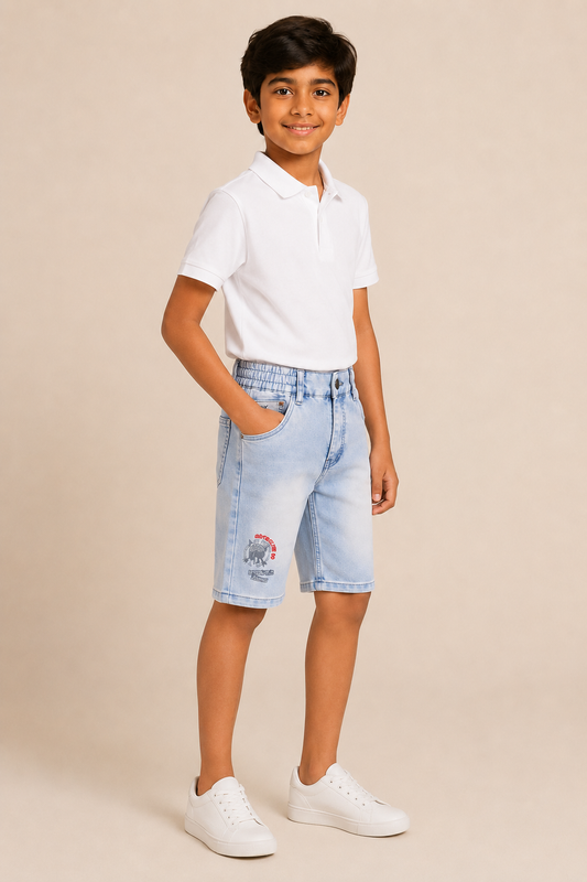 Boys sky blue vintage-wash elastic-waist denim shorts – side view