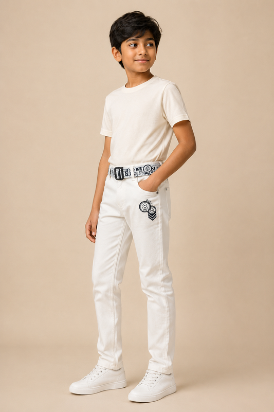 Boys white printed denim jeans with belt – side view