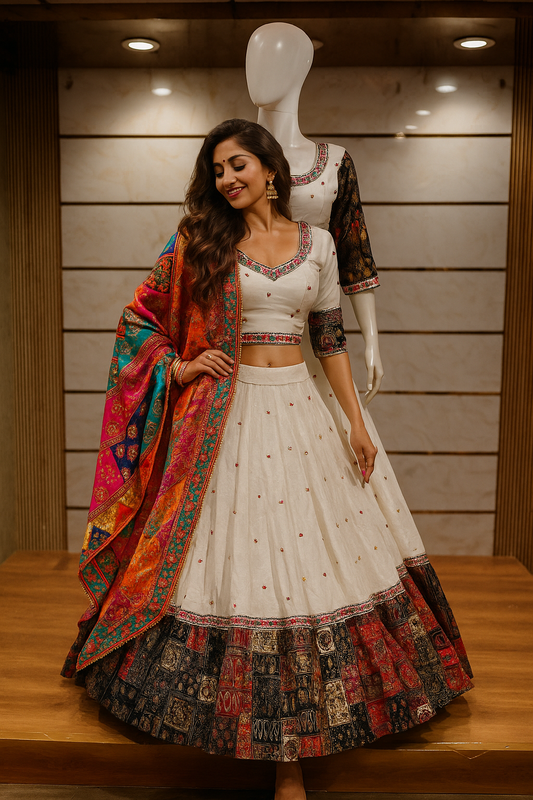 White Chaniya Choli with Multi Color Dupatta