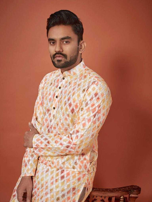 Men's Lucknowi Chikankari Digital Print Cotton Kurta Leela Straight Fit Ethnic Wear