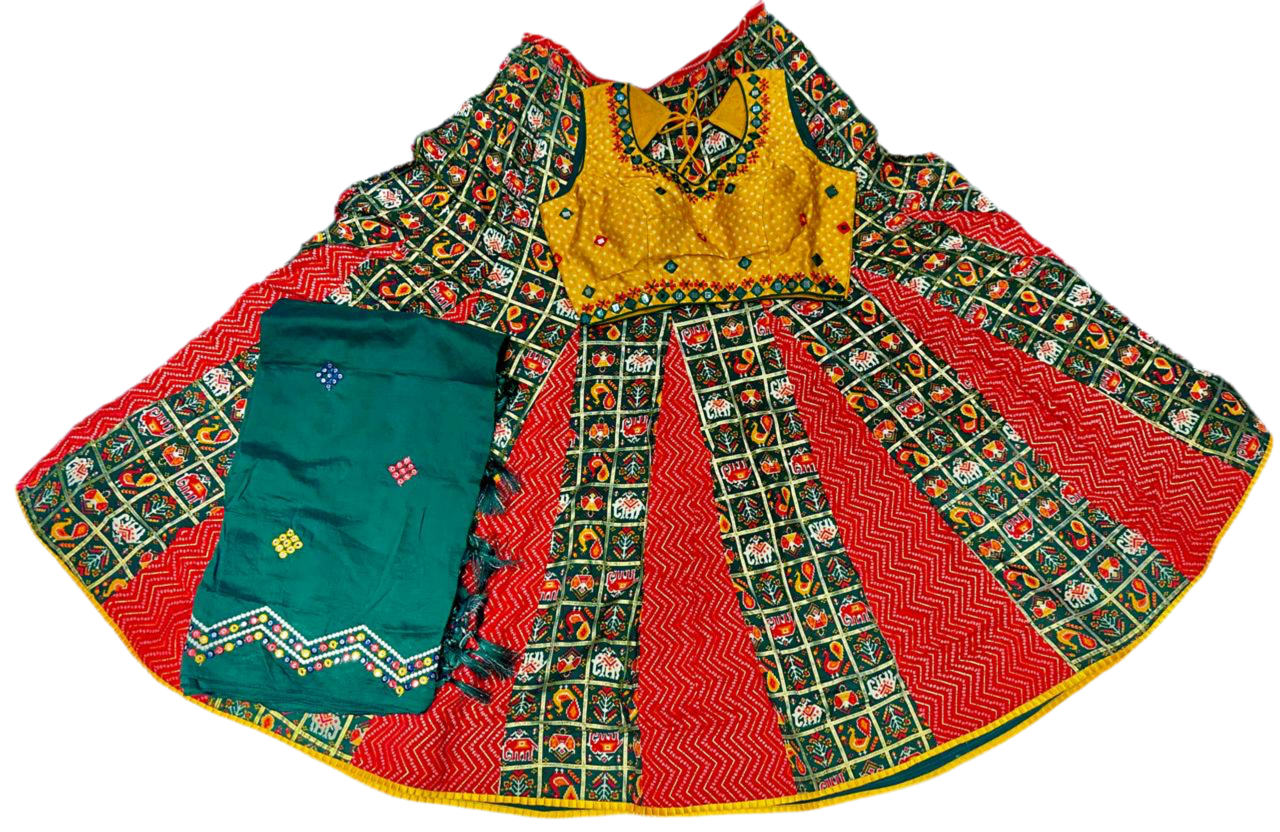 Traditional Indian lehenga choli set with multicolor printed skirt, yellow blouse, and green dupatta