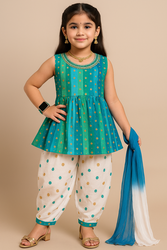 Sky Bloom Cotton Silk Dhoti Set - 25483