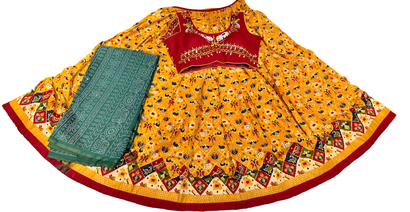 Yellow printed lehenga choli set with embroidered red blouse and green dupatta, festive wear