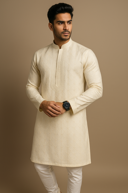 Cream White Embroidered Wedding Kurta Set 9078