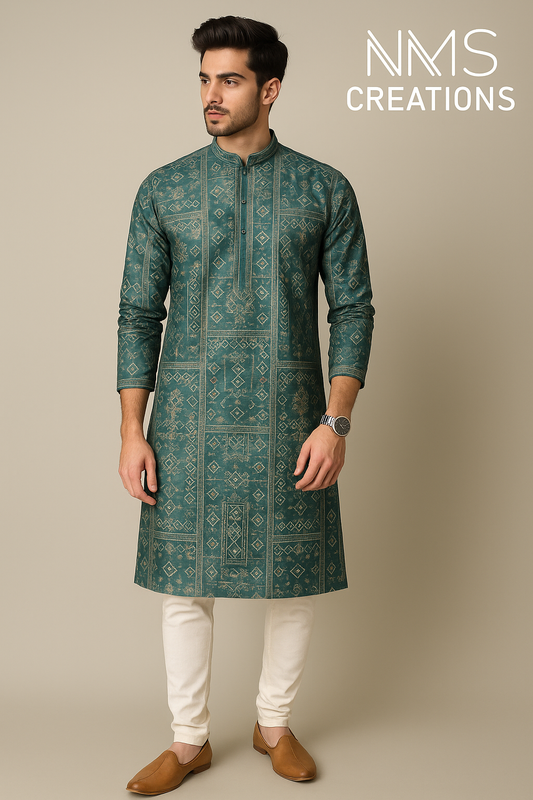 Peacock Blue Printed Festive Kurta Set