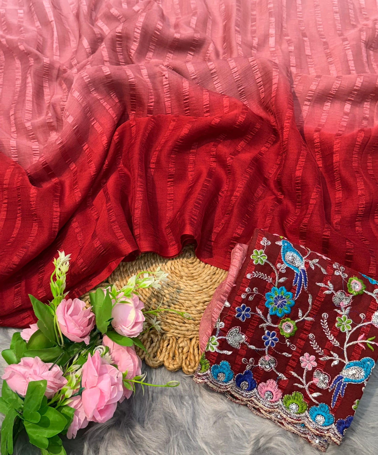Lehriya Saree with Embroidered Blouse