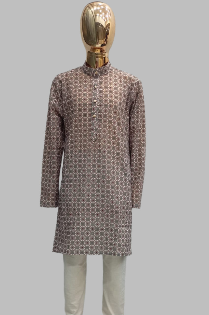Boys Brown Grey Printed Kurta & Churidar Set