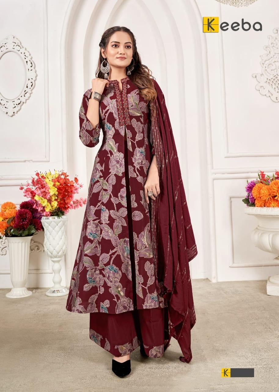 Woman wearing maroon floral kurta set with dupatta, festive ethnic outfit indoors