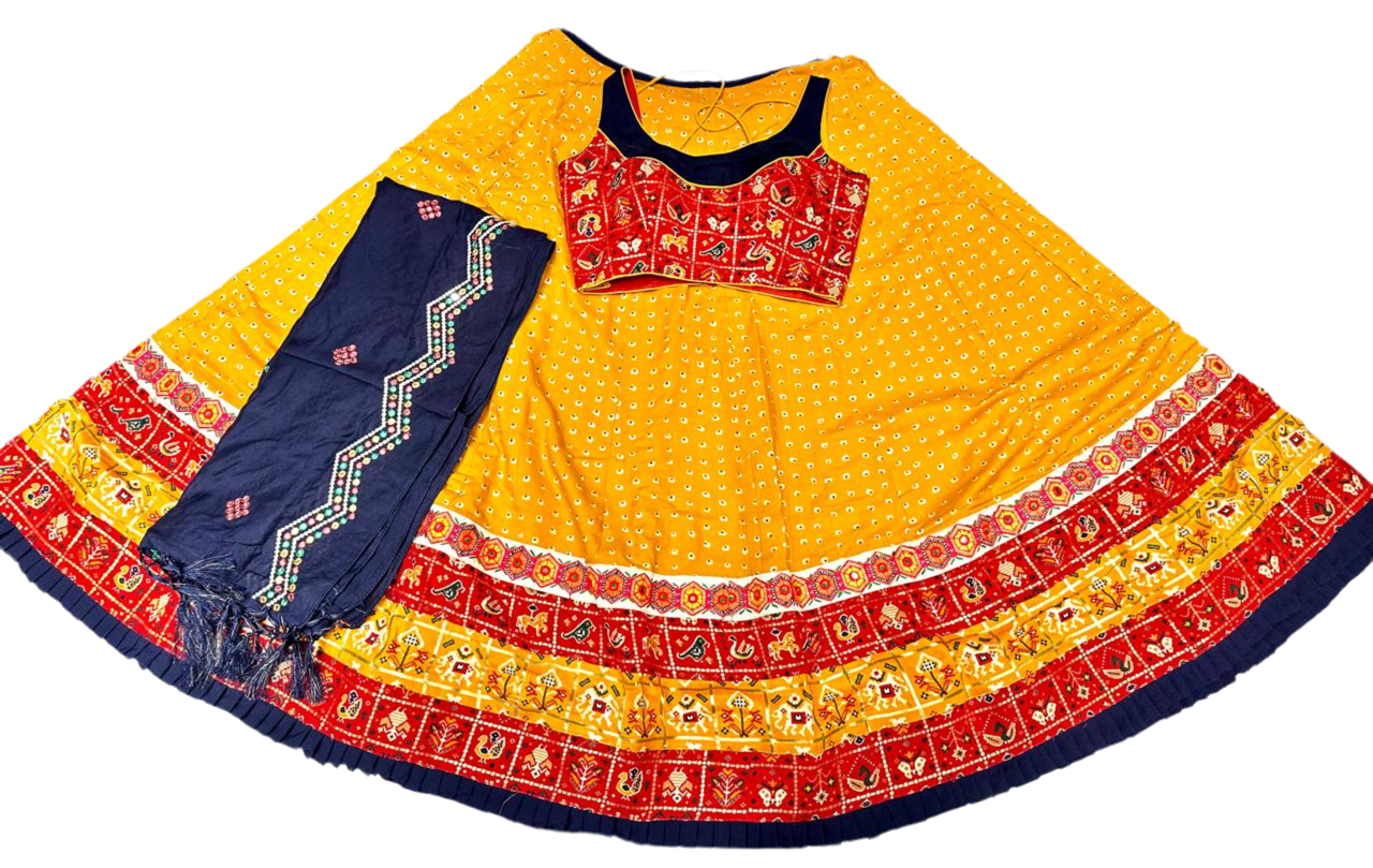 Yellow and red traditional lehenga choli set with embroidered dupatta, festive ethnic wear