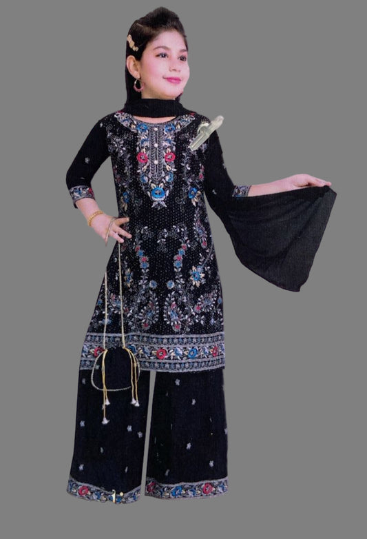 Regal Black Georgette Embroidered Kurta with Palazzo