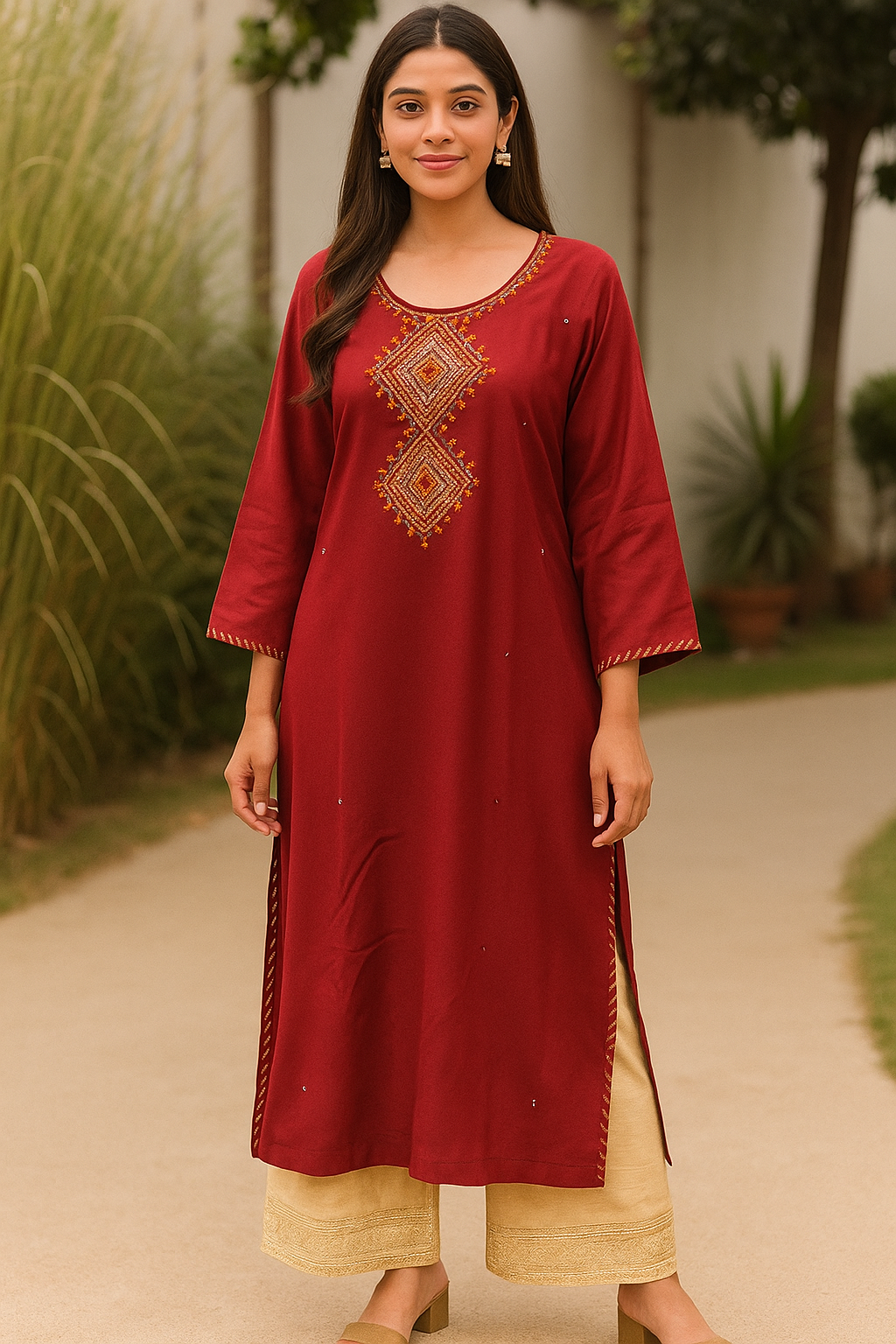 Maroon Red Embroidered Long Kurti